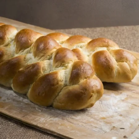 Pan trenza artesanal de mantequilla horneado y brillante sobre tabla de madera enharinada.