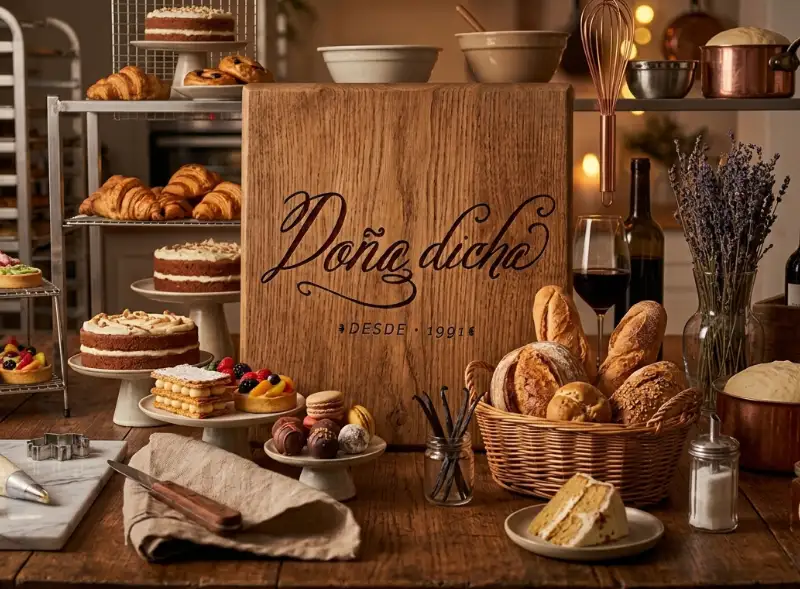 Tabla de madera grabada con logo de Doña Dicha rodeada de panes artesanales y postres.