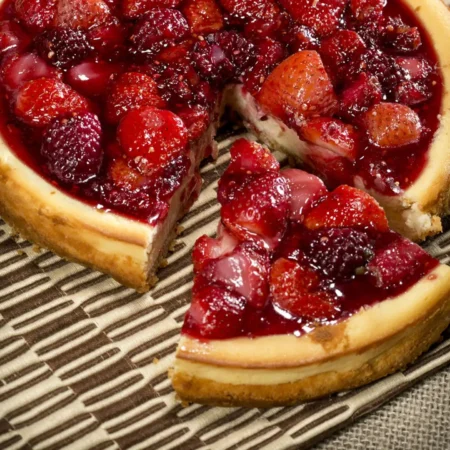Cheesecake artesanal con base de galleta y abundante cobertura de fresas y moras frescas.
