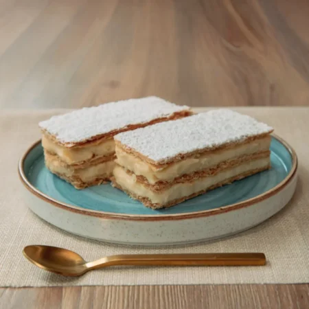 Dos porciones de milhoja artesanal de hojaldre crocante rellenas de crema pastelera y azúcar glass.
