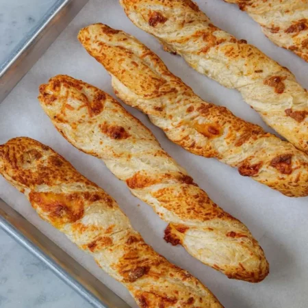 Palitos de hojaldre horneados y retorcidos gratinados con queso Paipa en bandeja.