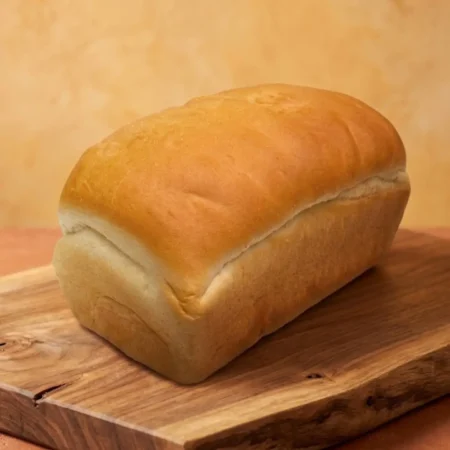 Pan de molde artesanal de mantequilla horneado y dorado sobre tabla de madera.
