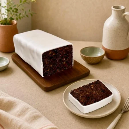 Torta artesanal negra de vino y frutos secos cubierta con pastillaje blanco y tajada servida.