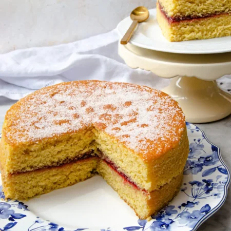 Torta María Luisa artesanal de dos capas esponjosas rellena de mermelada y cubierta de azúcar.